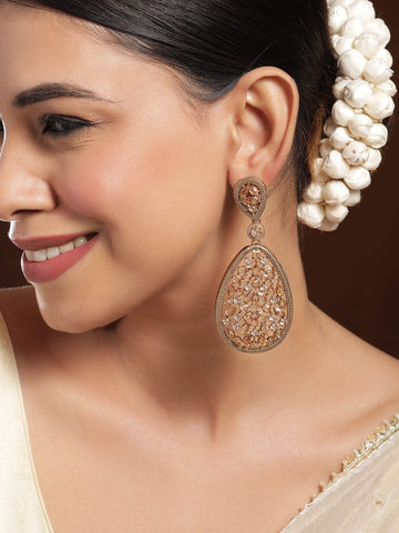 Rubans 22K Mehandi Gold-Plated Crystal & Zircon Studded Traditonal Drop Earrings Earrings