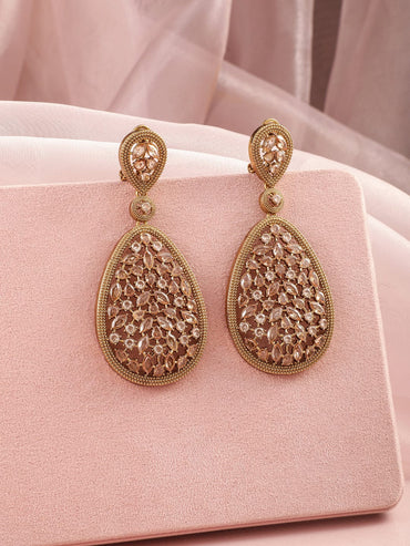 Rubans 22K Mehandi Gold-Plated Crystal & Zircon Studded Traditonal Drop Earrings Earrings