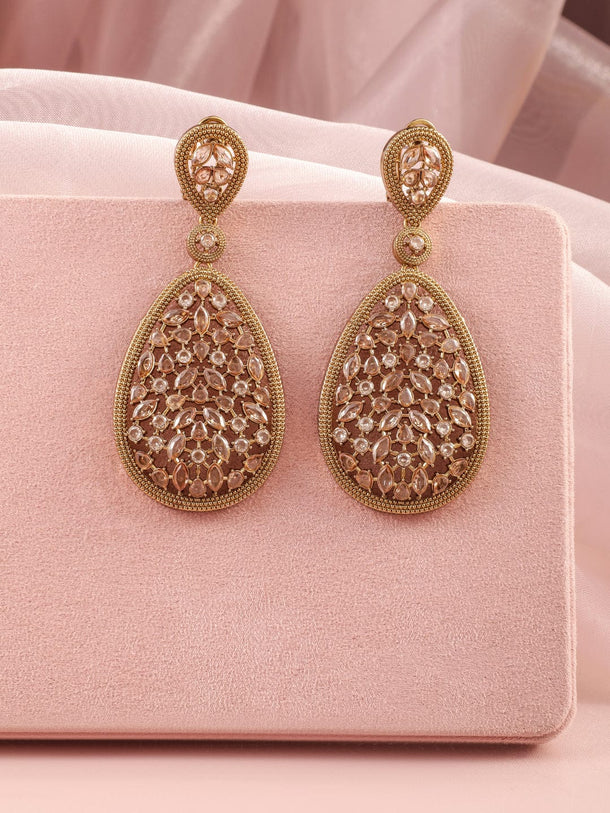 Rubans 22K Mehandi Gold-Plated Crystal & Zircon Studded Traditonal Drop Earrings Earrings