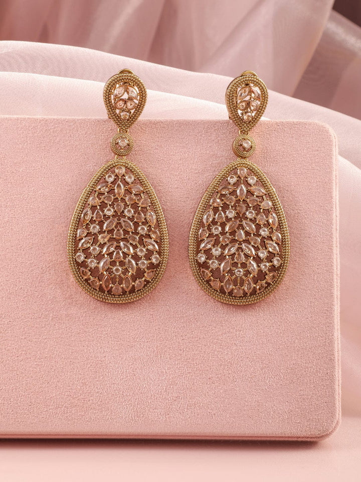 Rubans 22K Mehandi Gold-Plated Crystal & Zircon Studded Traditonal Drop Earrings Earrings