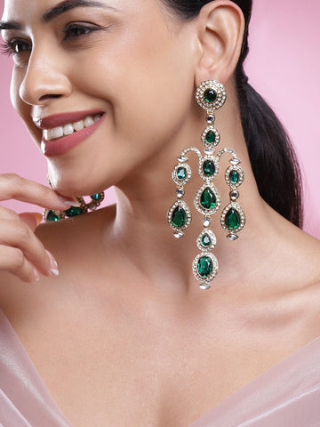 Rubans 22K Mehandi Gold-Plated Emerald Green & White Cubic Zirconia Chandelier Earrings Chandelier Earrings