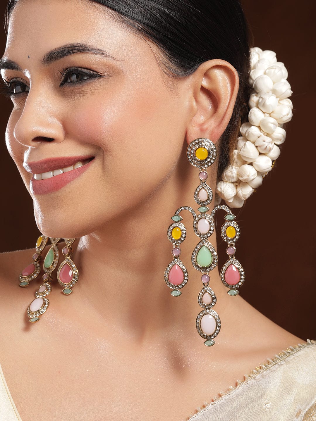 Rubans 22K Mehandi Gold-Plated Multicolor Gemstone & Zirconia Studded Chandelier Earrings Chandelier Earrings