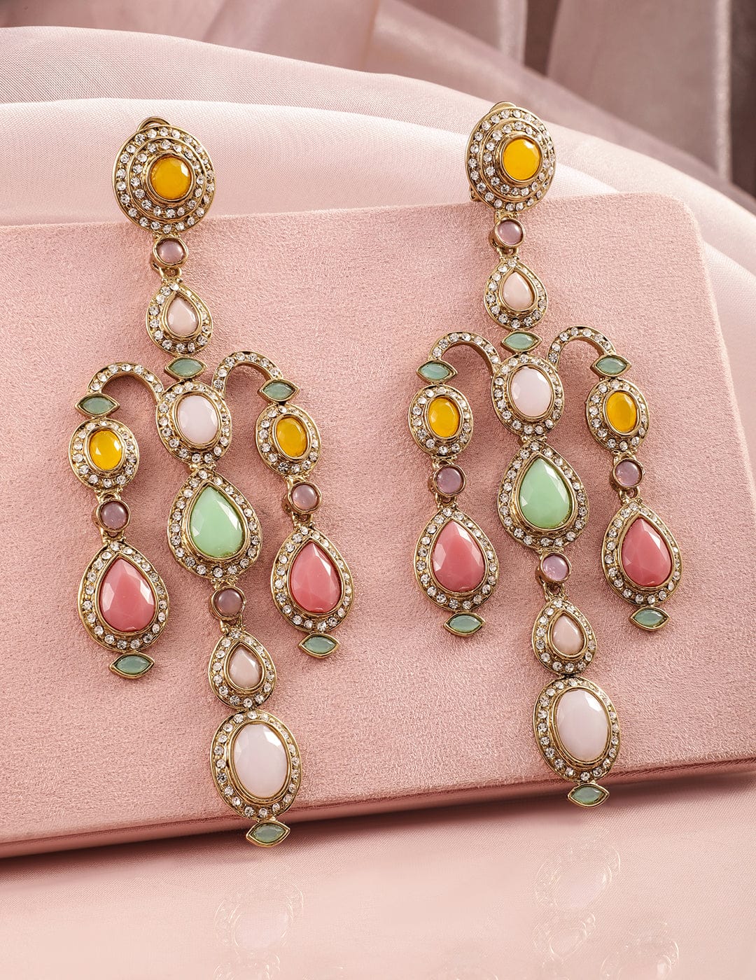 Rubans 22K Mehandi Gold-Plated Multicolor Gemstone & Zirconia Studded Chandelier Earrings Chandelier Earrings