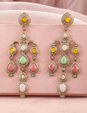 Rubans 22K Mehandi Gold-Plated Multicolor Gemstone & Zirconia Studded Chandelier Earrings Earrings