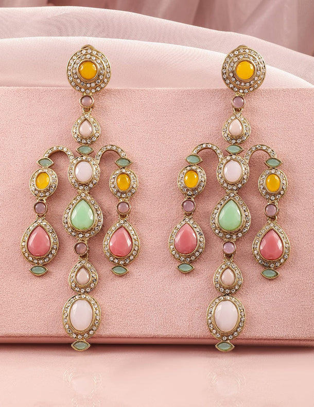 Rubans 22K Mehandi Gold-Plated Multicolor Gemstone & Zirconia Studded Chandelier Earrings Earrings
