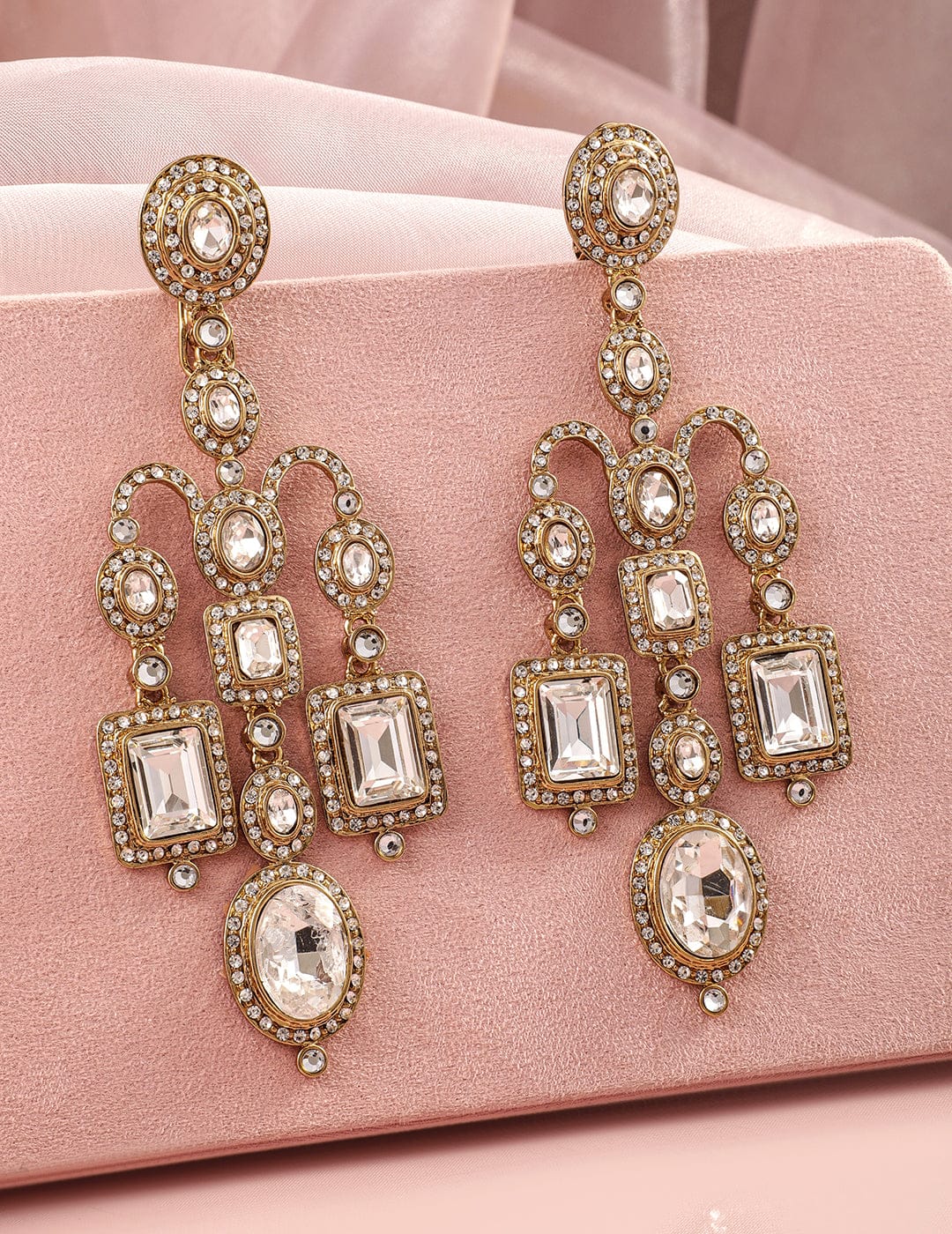 Rubans 22K Mehndi Gold-Plated Crystal White Cubic Zirconia Studded Chandelier Earrings Earrings