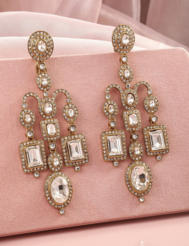 Rubans 22K Mehndi Gold-Plated Crystal White Cubic Zirconia Studded Chandelier Earrings Earrings