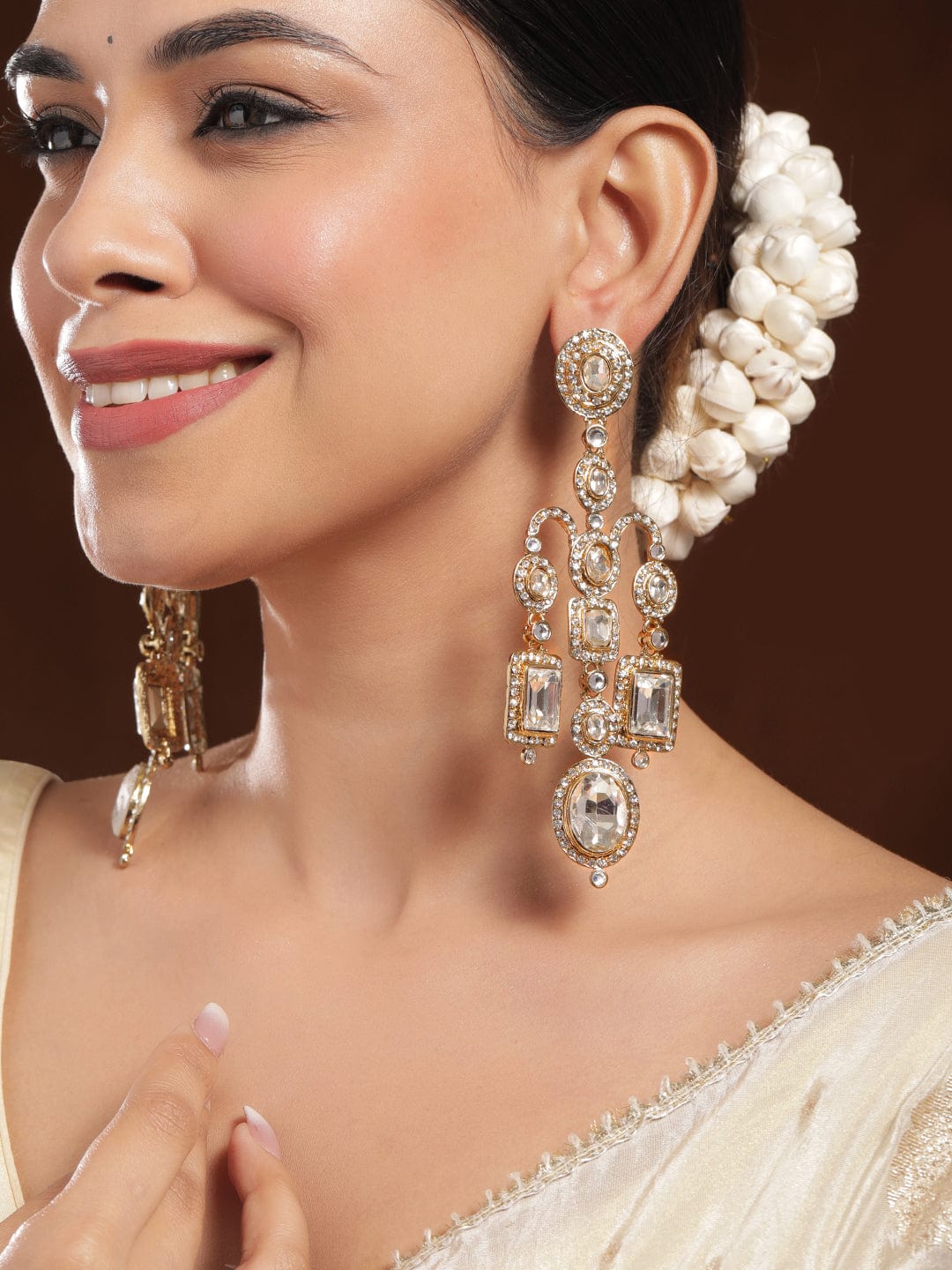 Rubans 22K Mehndi Gold-Plated Crystal White Cubic Zirconia Studded Chandelier Earrings Earrings