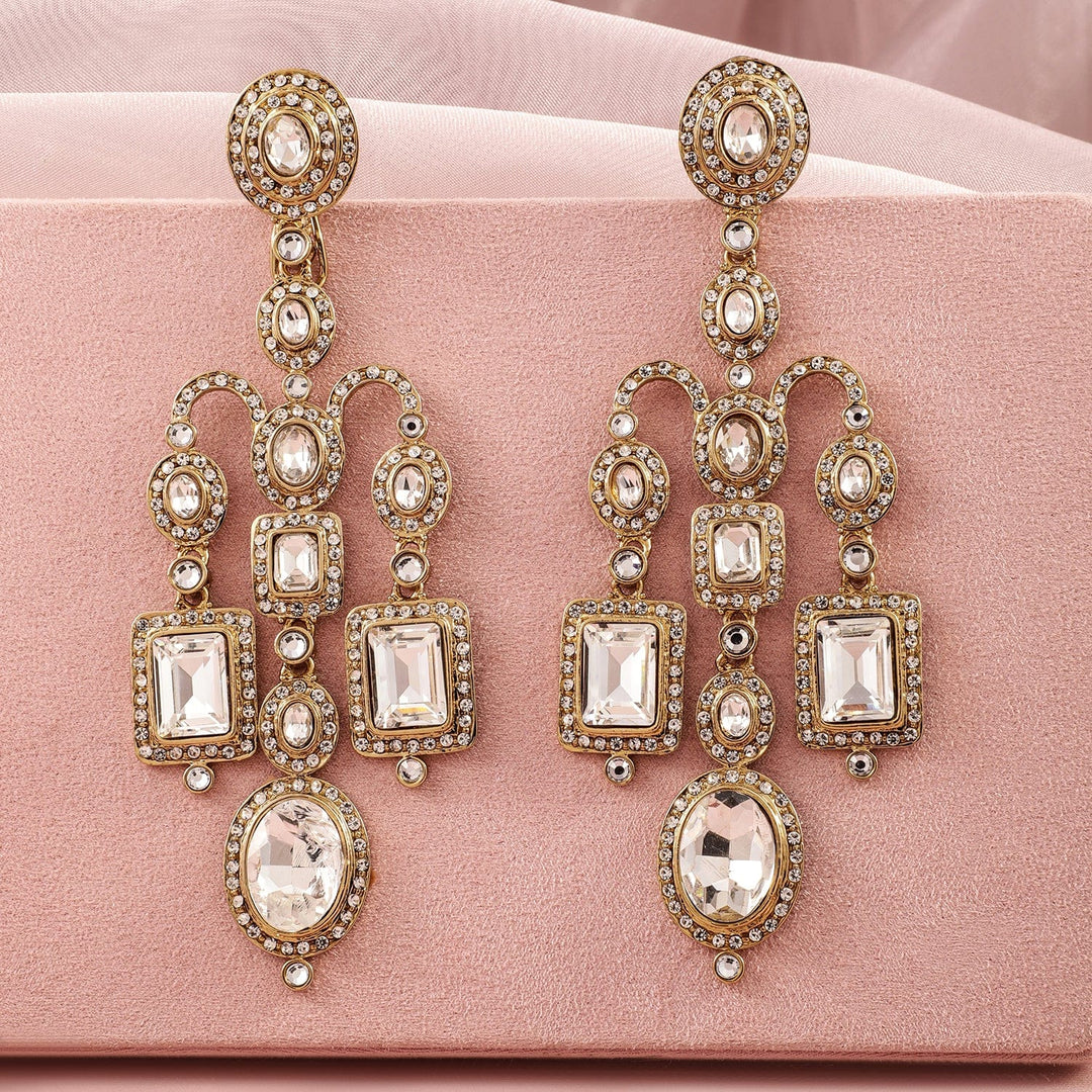 Rubans 22K Mehndi Gold-Plated Crystal White Cubic Zirconia Studded Chandelier Earrings Earrings