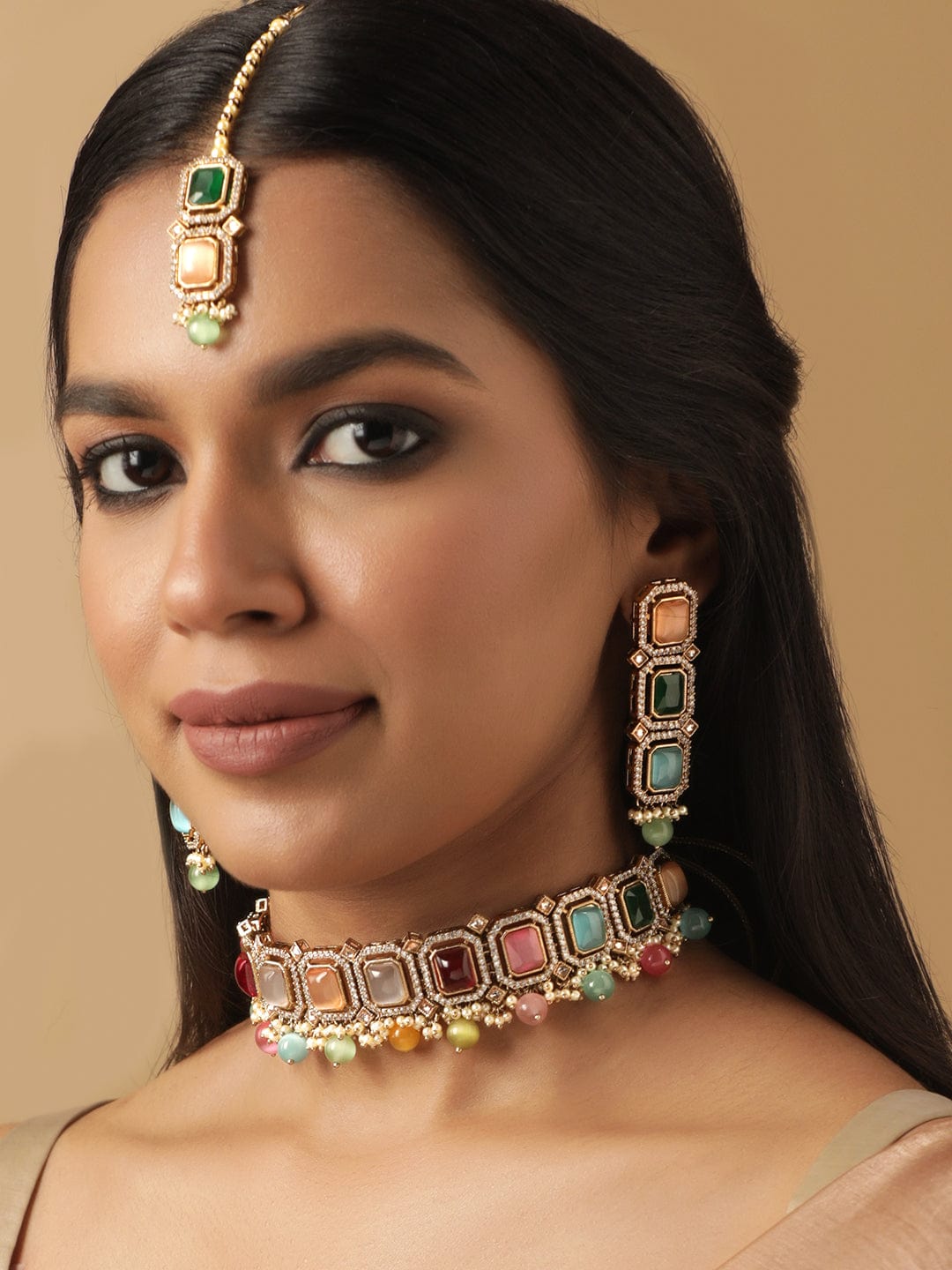 Rubans 22K Mehndi Gold Plated Multicolor & Reverse AD Studded Choker Set Earrings