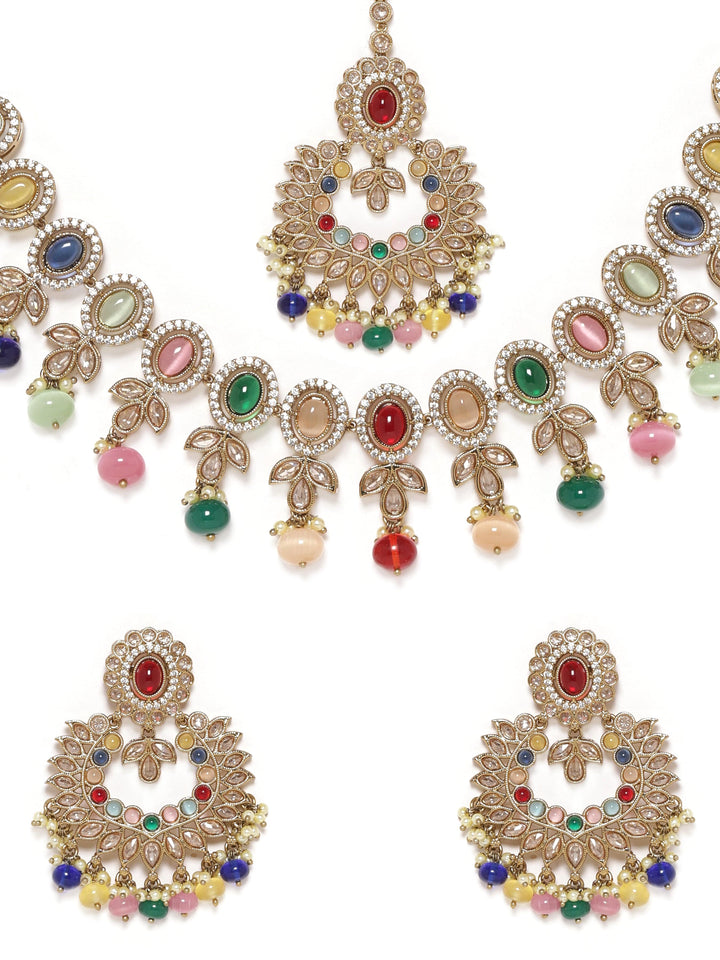 Rubans 22K Mehndi gold plated Multicolor & Reverse AD Studded Choker Set Jewellery Sets