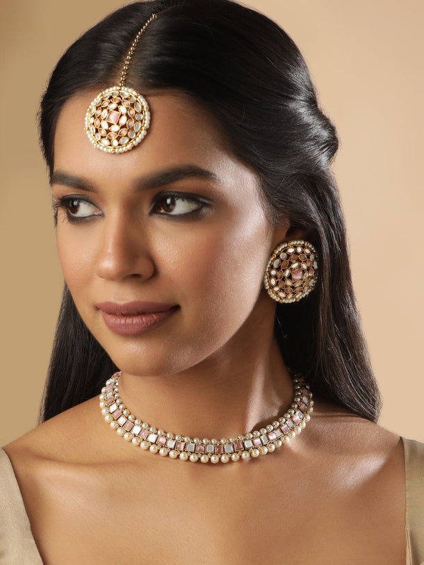 Rubans 22K Mehndi Gold plated pastel pink & mirror studded pearl beaded choker Set Jewellery Sets