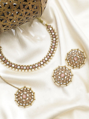 Rubans 22K Mehndi Gold plated pastel pink & mirror studded pearl beaded choker Set Jewellery Sets