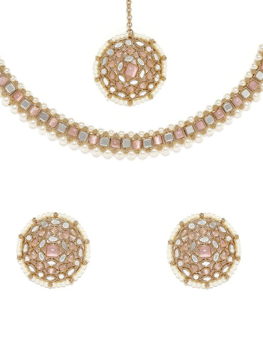 Rubans 22K Mehndi Gold plated pastel pink & mirror studded pearl beaded choker Set Jewellery Sets