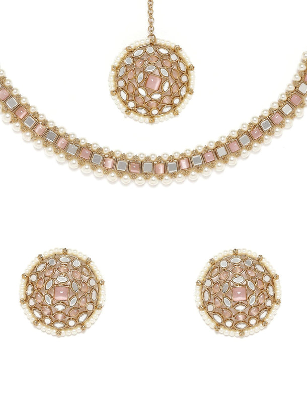 Rubans 22K Mehndi Gold plated pastel pink & mirror studded pearl beaded choker Set Jewellery Sets