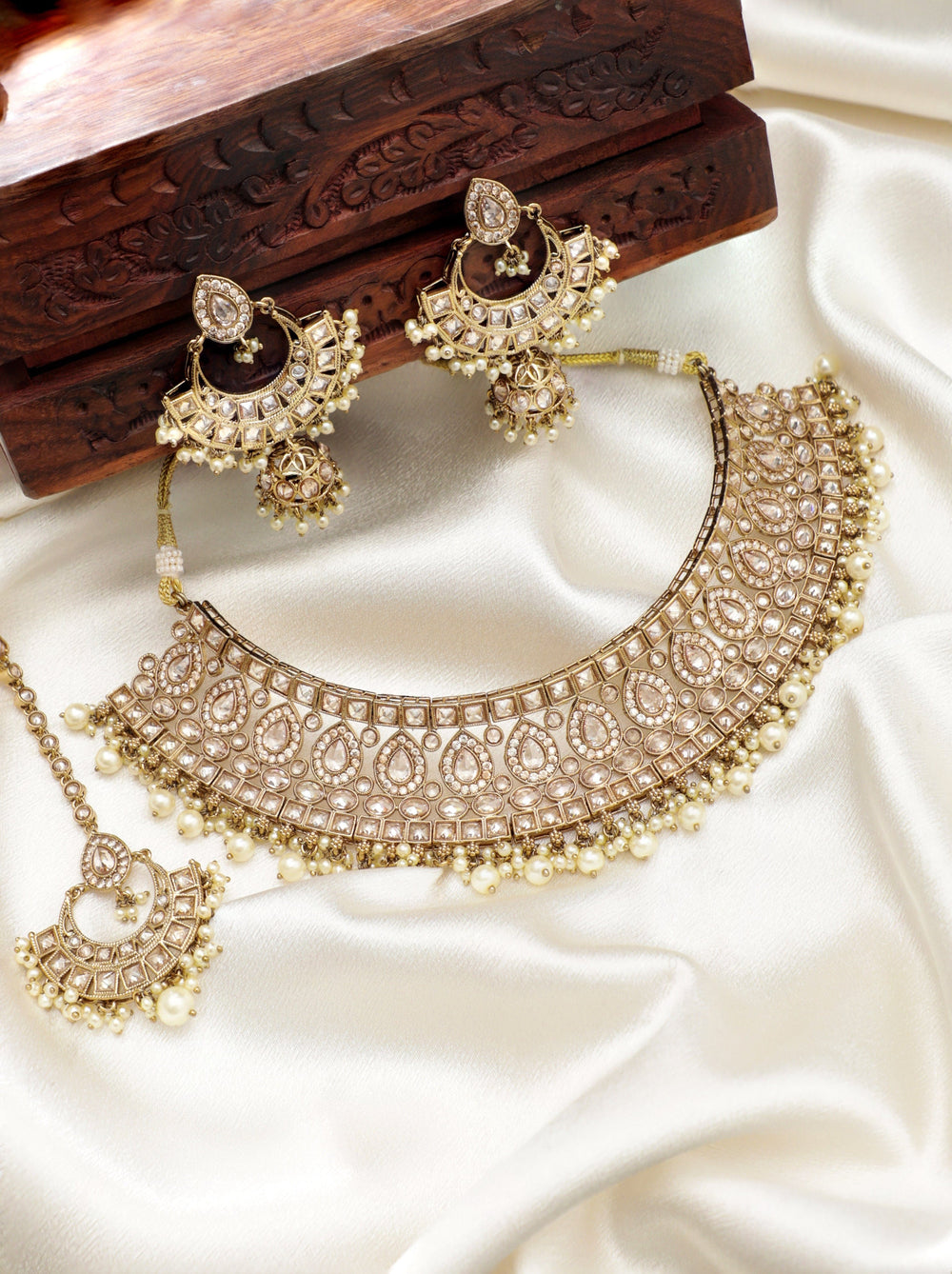 Rubans 22K Mehndi gold plated Reverse AD Studded Pearl beaded Statement Luxury Choker Set Jewellery Sets