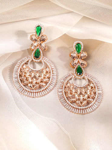 Rubans 22K Rose Gold-Plated Emerald Green & White Cubic Zirconia Studded Floral Drop Earrings for Women, Brides & Bridesmaids â€“ Perfect for Weddings, Parties & Special Occasions Earrings