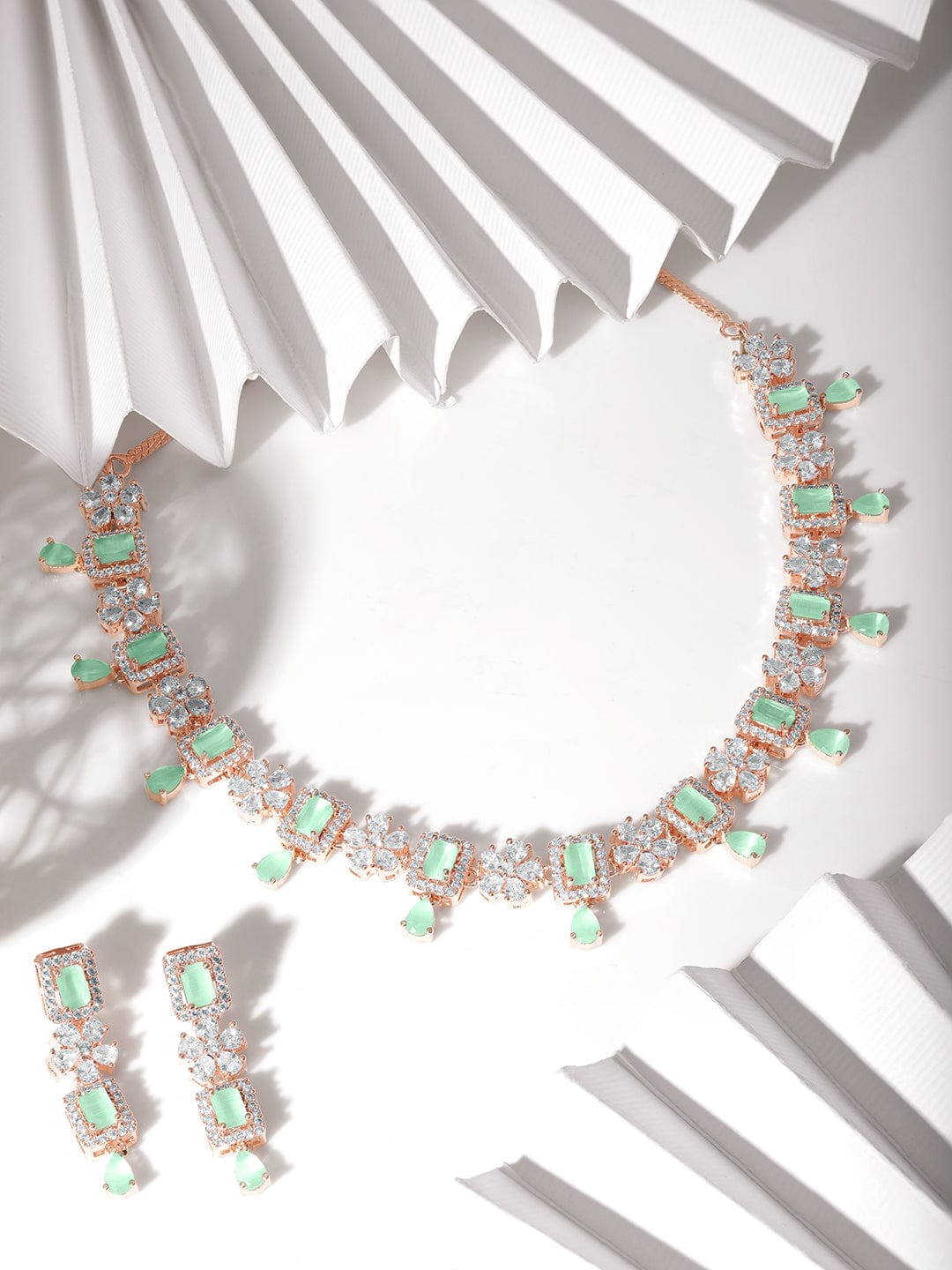 Rubans 22K Rose Gold Plated Mint Green Sapphire & Cubic Zirconia Studded Jewelry Set Design Necklaces, Necklace Sets, Chains & Mangalsutra