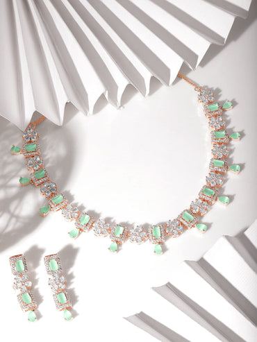 Rubans 22K Rose Gold Plated Mint Green Sapphire & Cubic Zirconia Studded Jewelry Set Design Necklaces, Necklace Sets, Chains & Mangalsutra