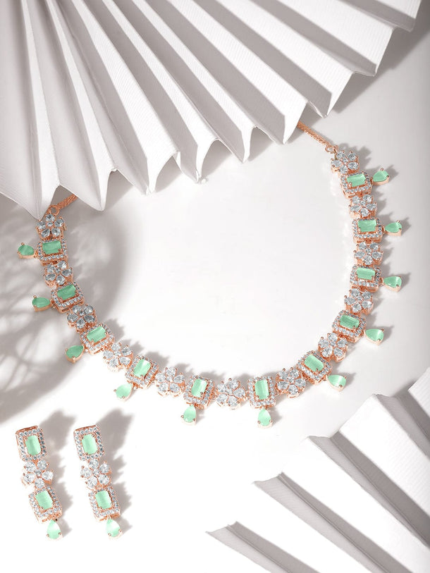 Rubans 22K Rose Gold Plated Mint Green Sapphire & Cubic Zirconia Studded Jewelry Set Design Necklaces, Necklace Sets, Chains & Mangalsutra