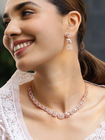 Rubans 22K Rose Gold-Plated White Cubic Zirconia Studded Floral & Geometric Necklace Set Jewellery Set