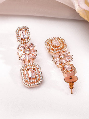 Rubans 22K Rose Gold-Plated White Cubic Zirconia Studded Floral & Geometric Necklace Set Jewellery Set