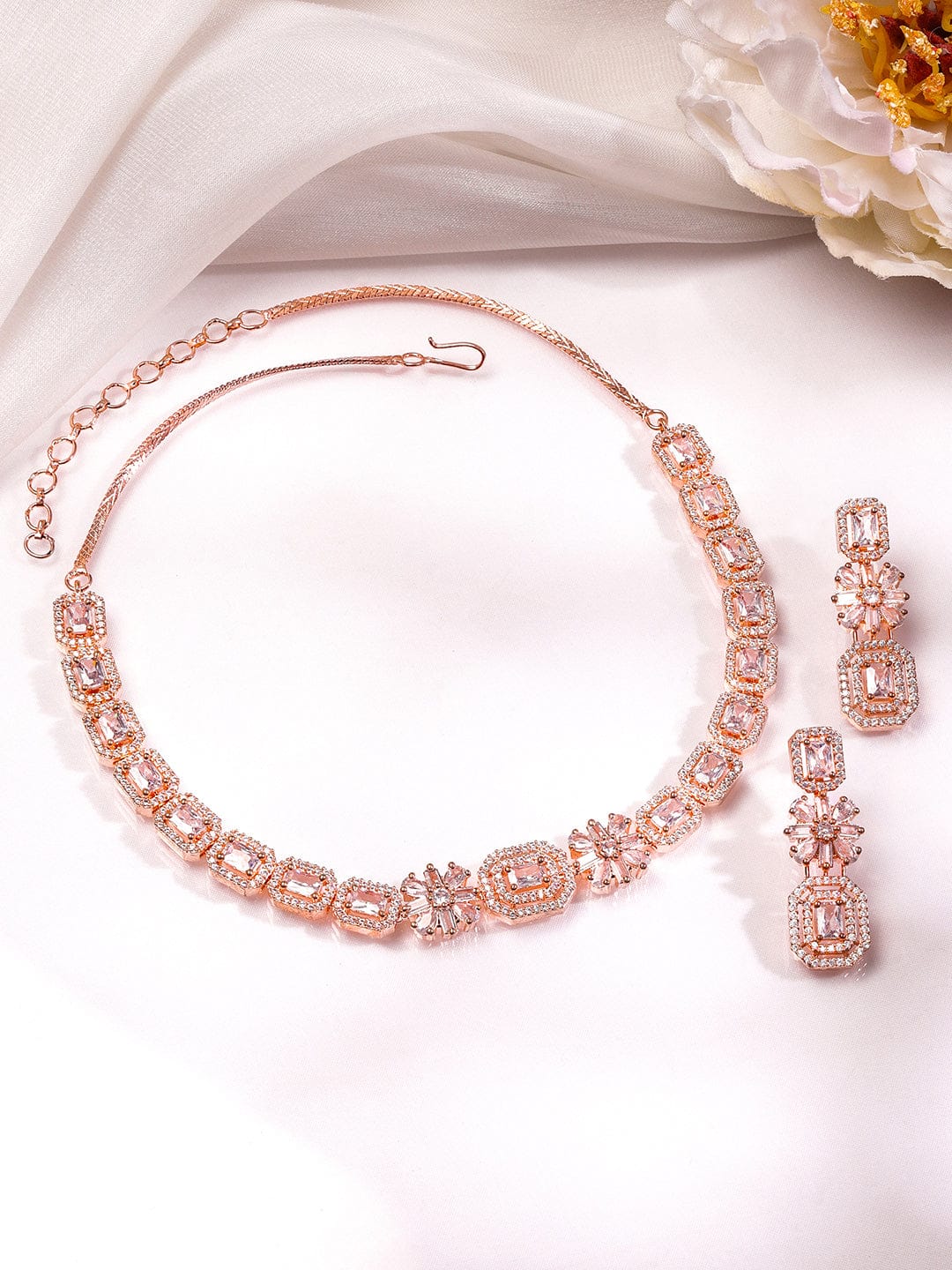 Rubans 22K Rose Gold-Plated White Cubic Zirconia Studded Floral & Geometric Necklace Set Jewellery Set