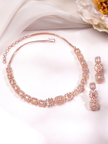 Rubans 22K Rose Gold-Plated White Cubic Zirconia Studded Floral & Geometric Necklace Set Jewellery Set