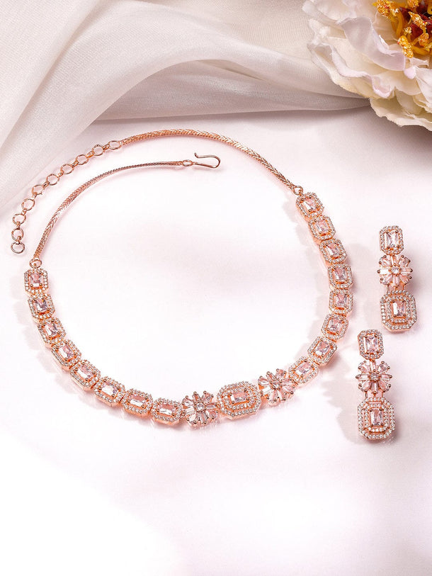 Rubans 22K Rose Gold-Plated White Cubic Zirconia Studded Floral & Geometric Necklace Set Jewellery Set