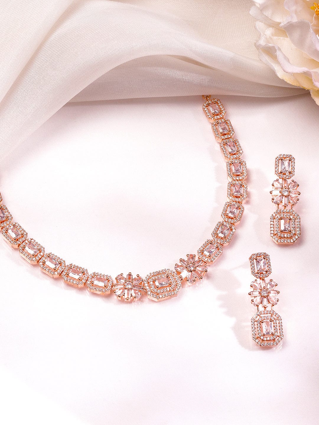 Rubans 22K Rose Gold-Plated White Cubic Zirconia Studded Floral & Geometric Necklace Set Necklaces, Necklace Sets, Chains & Mangalsutra
