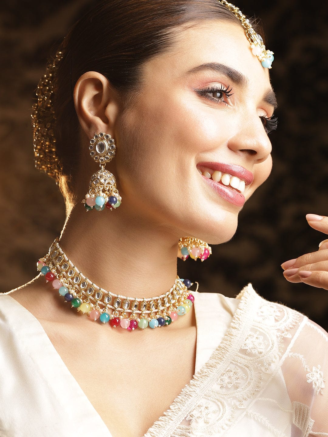 Rubans 22KT Gold Plated American Diamond Studded Multicolor Beaded Jewellery Set Jewellery Set