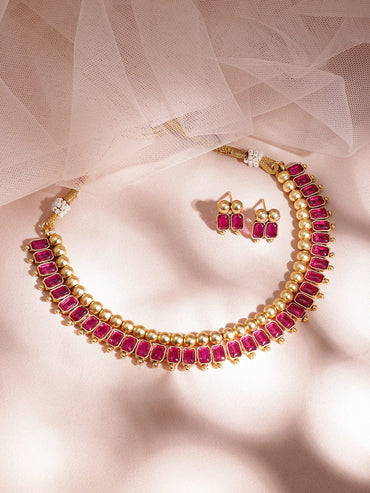 Rubans 22KT Gold-Plated Brass Red Stone Studded Necklace Set Necklace Set