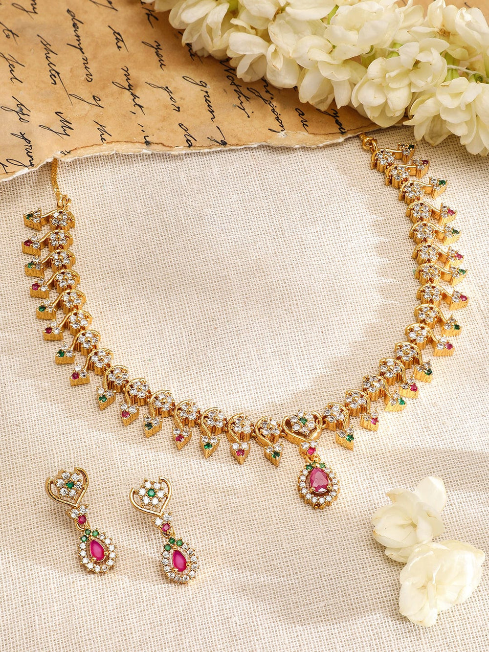 Rubans 22KT Gold-Plated Cubic Zicronia Stone Studded Jewellery Set Necklace Set