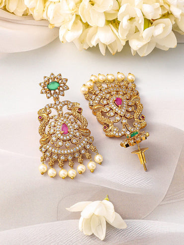 Rubans 22KT Gold-Plated Cubic Zirconia Stone Studded & Pearls Beaded Jewellery Set Jewellery Set