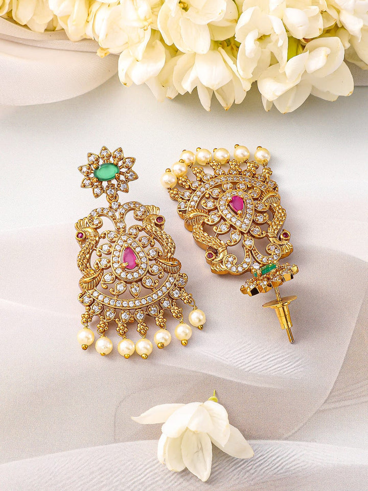 Rubans 22KT Gold-Plated Cubic Zirconia Stone Studded & Pearls Beaded Jewellery Set Jewellery Set