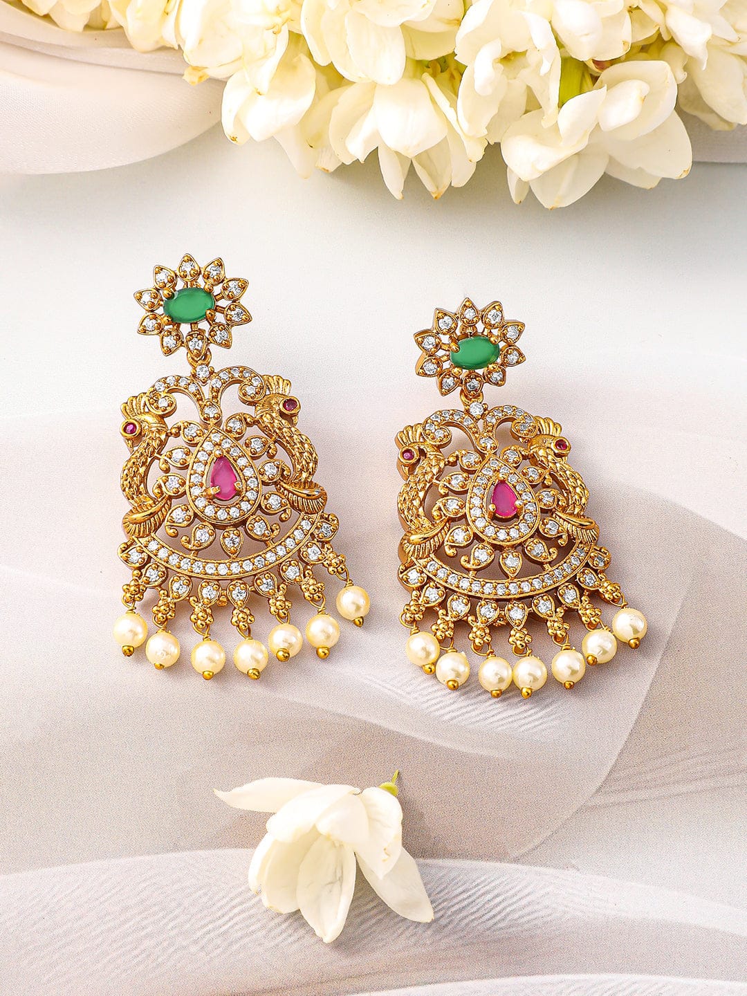 Rubans 22KT Gold-Plated Cubic Zirconia Stone Studded & Pearls Beaded Jewellery Set Jewellery Set