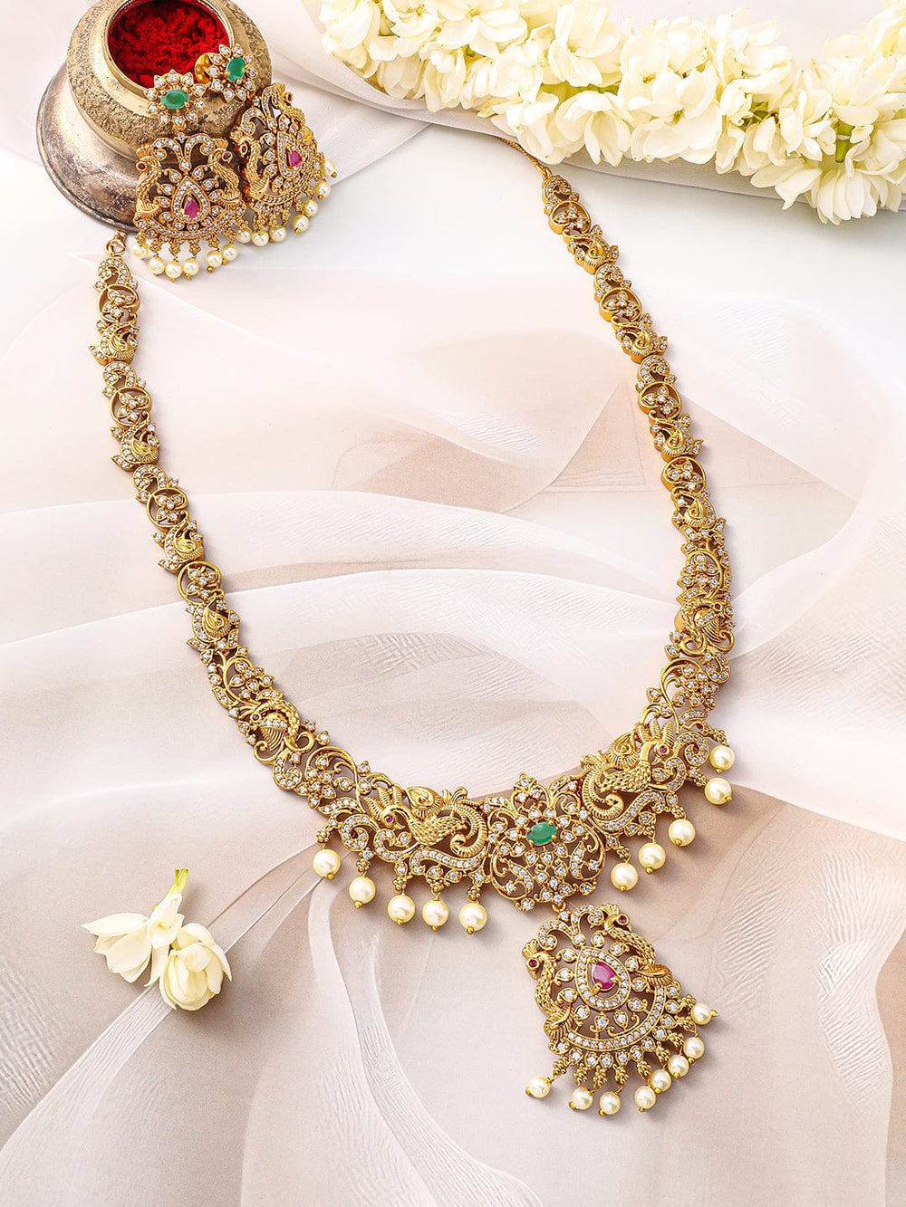 Rubans 22KT Gold-Plated Cubic Zirconia Stone Studded & Pearls Beaded Jewellery Set Necklace Set