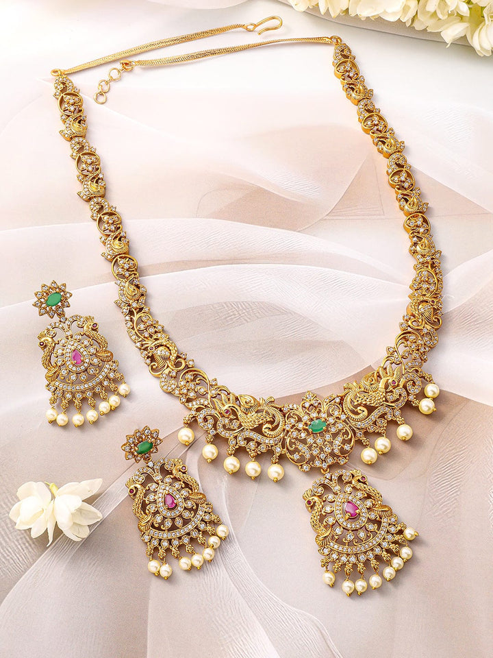 Rubans 22KT Gold-Plated Cubic Zirconia Stone Studded & Pearls Beaded Jewellery Set Necklace Set