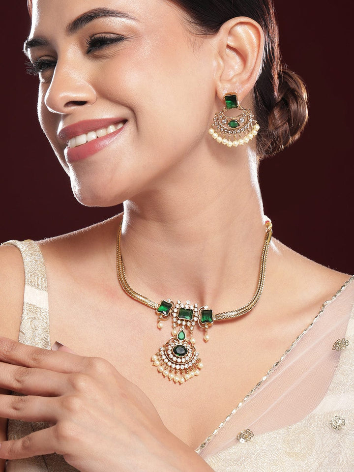 Rubans 22KT Gold-Plated Cubic Zirconia Studded & Beaded Emerald Necklace and Earrings Necklace Set