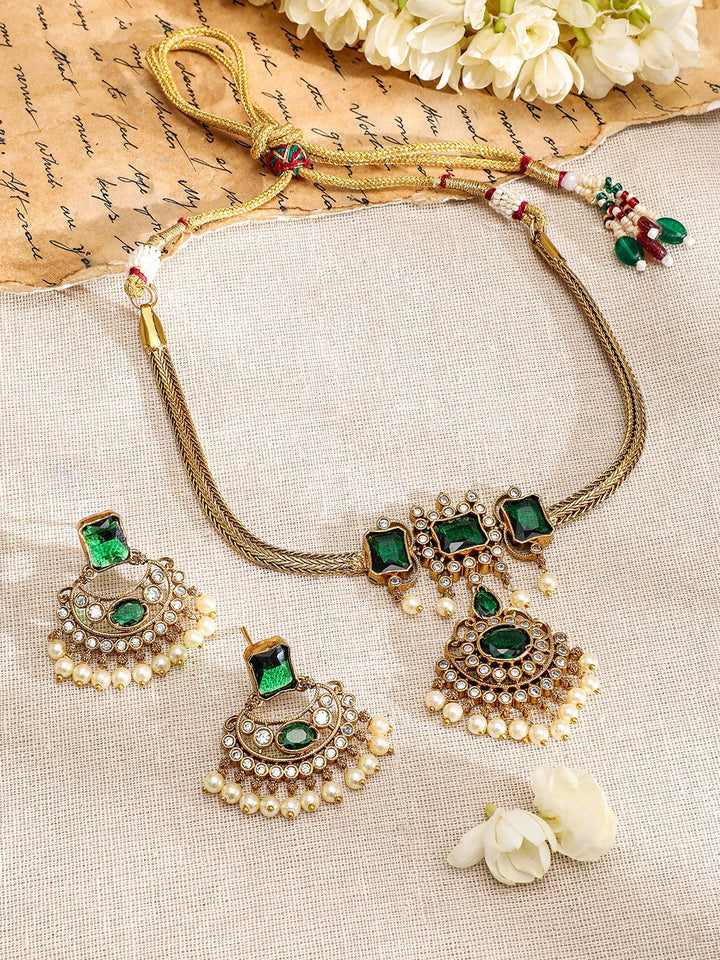 Rubans 22KT Gold-Plated Cubic Zirconia Studded & Beaded Emerald Necklace and Earrings Necklace Set