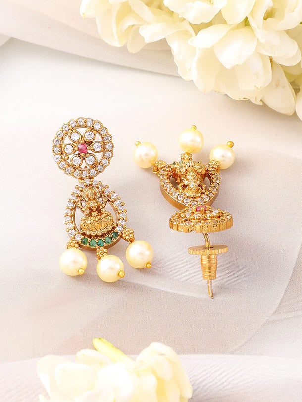 Rubans 22KT Gold-Plated Cubic Zirconia Studded & Beaded Lakshmi Goddess Jewellery Set Jewellery Set