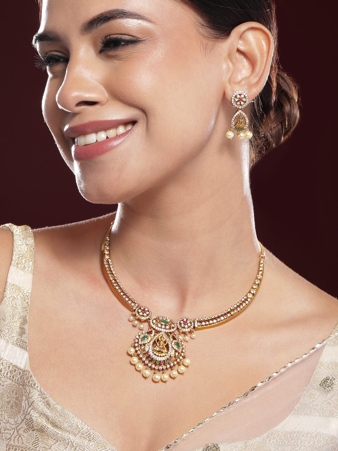 Rubans 22KT Gold-Plated Cubic Zirconia Studded & Beaded Lakshmi Goddess Jewellery Set Necklace Set