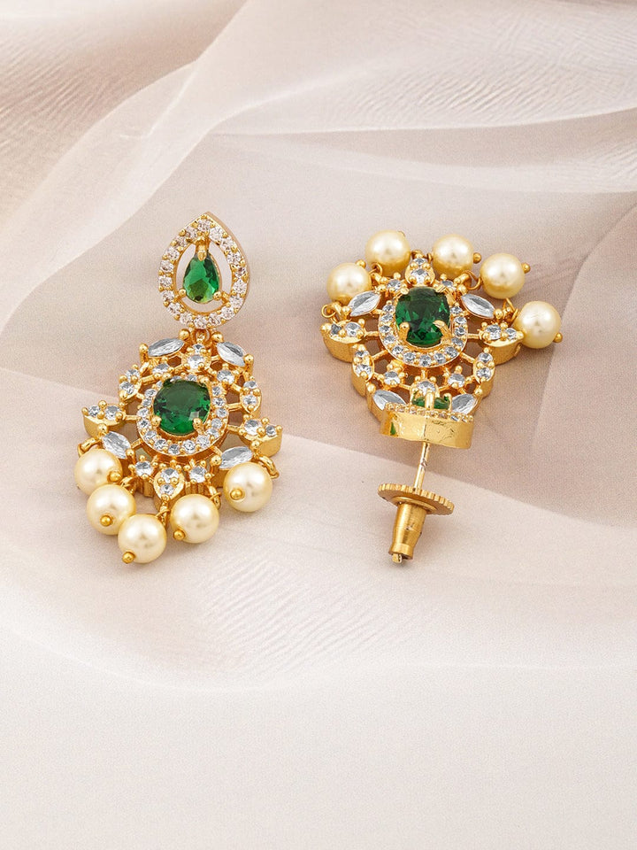 Rubans 22KT Gold-Plated Emerald Green & Cubic Zirconia Studded Chandelie with Pearl Drops Earrings