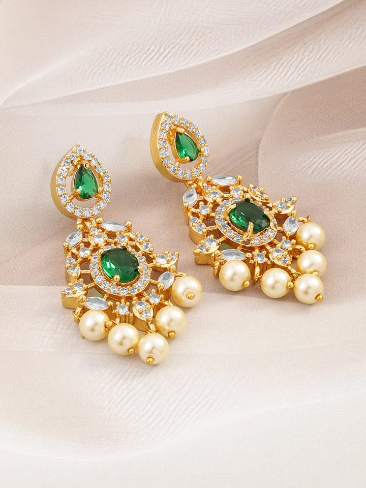 Rubans 22KT Gold-Plated Emerald Green & Cubic Zirconia Studded Chandelie with Pearl Drops Earrings