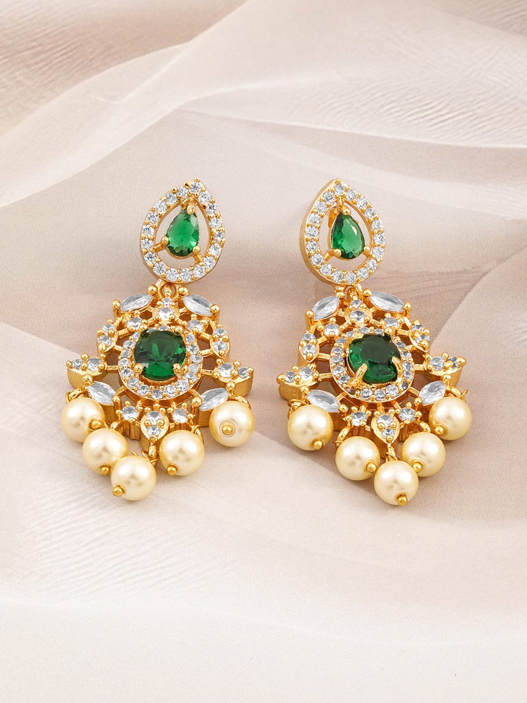 Rubans 22KT Gold-Plated Emerald Green & Cubic Zirconia Studded Chandelie with Pearl Drops Earrings