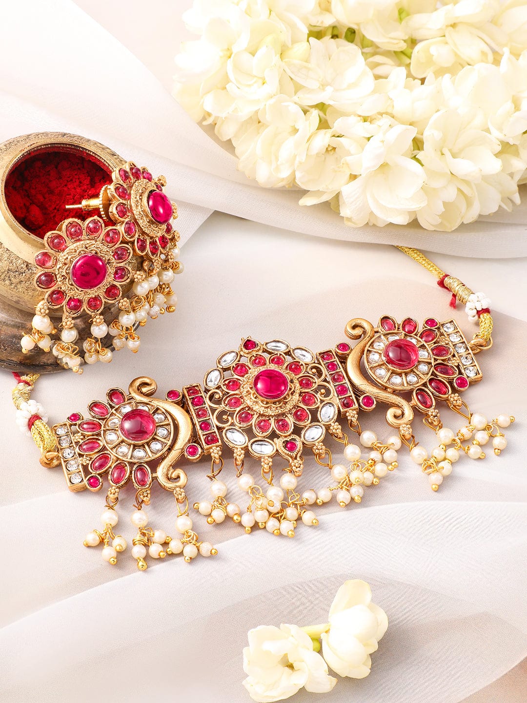 Rubans 22KT Gold-Plated Kundan Stone Studded & Pearls Beaded Choker Jewellery Set Necklace Set