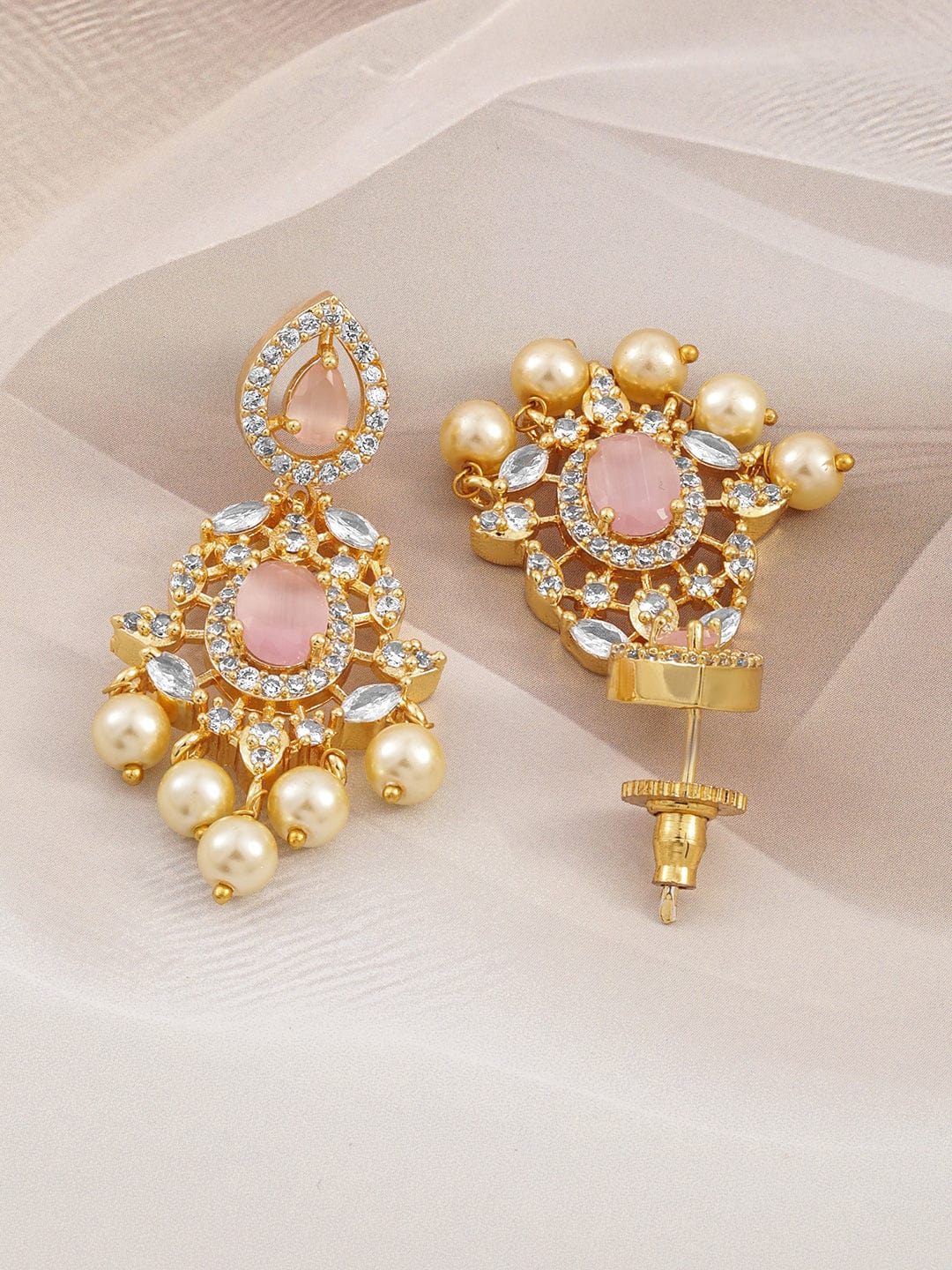 Rubans 22KT Gold-Plated Pastel Pink & Cubic Zirconia Studded Chandelier with Pearl Drops Earrings