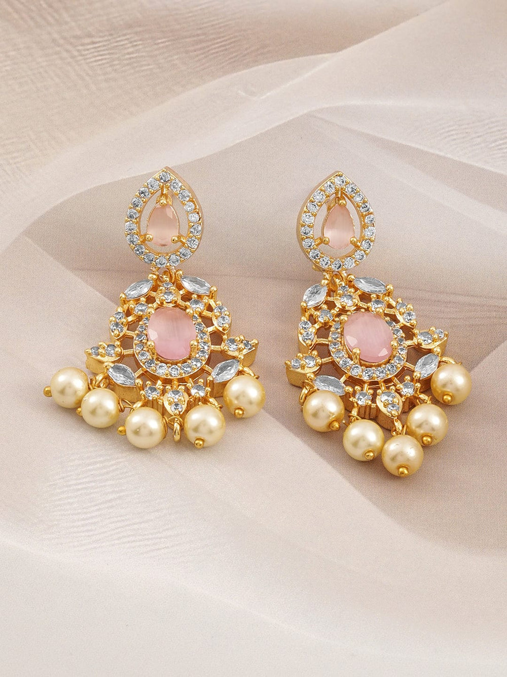 Rubans 22KT Gold-Plated Pastel Pink & Cubic Zirconia Studded Chandelier with Pearl Drops Earrings