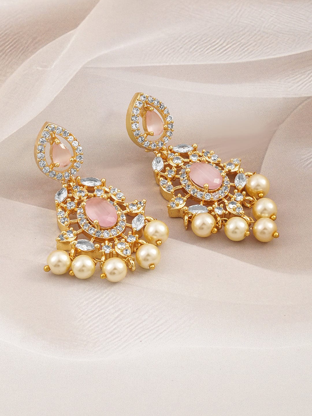 Rubans 22KT Gold-Plated Pastel Pink & Cubic Zirconia Studded Chandelier with Pearl Drops Earrings