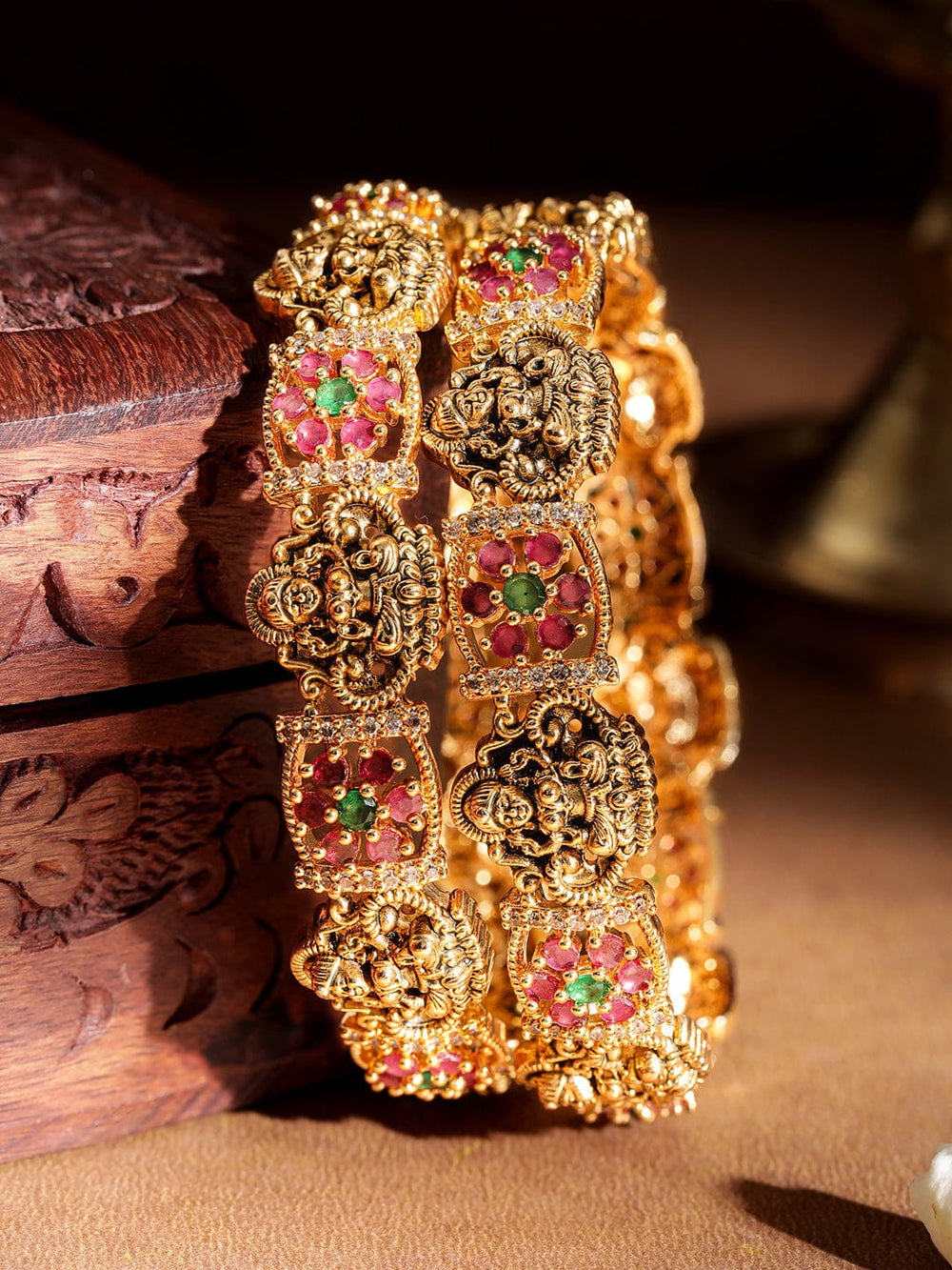 Rubans 22KT Gold Plated Red And Green Stone Studded Lakshmi Motif Set Of 2 Bangles Bangles & Bracelets
